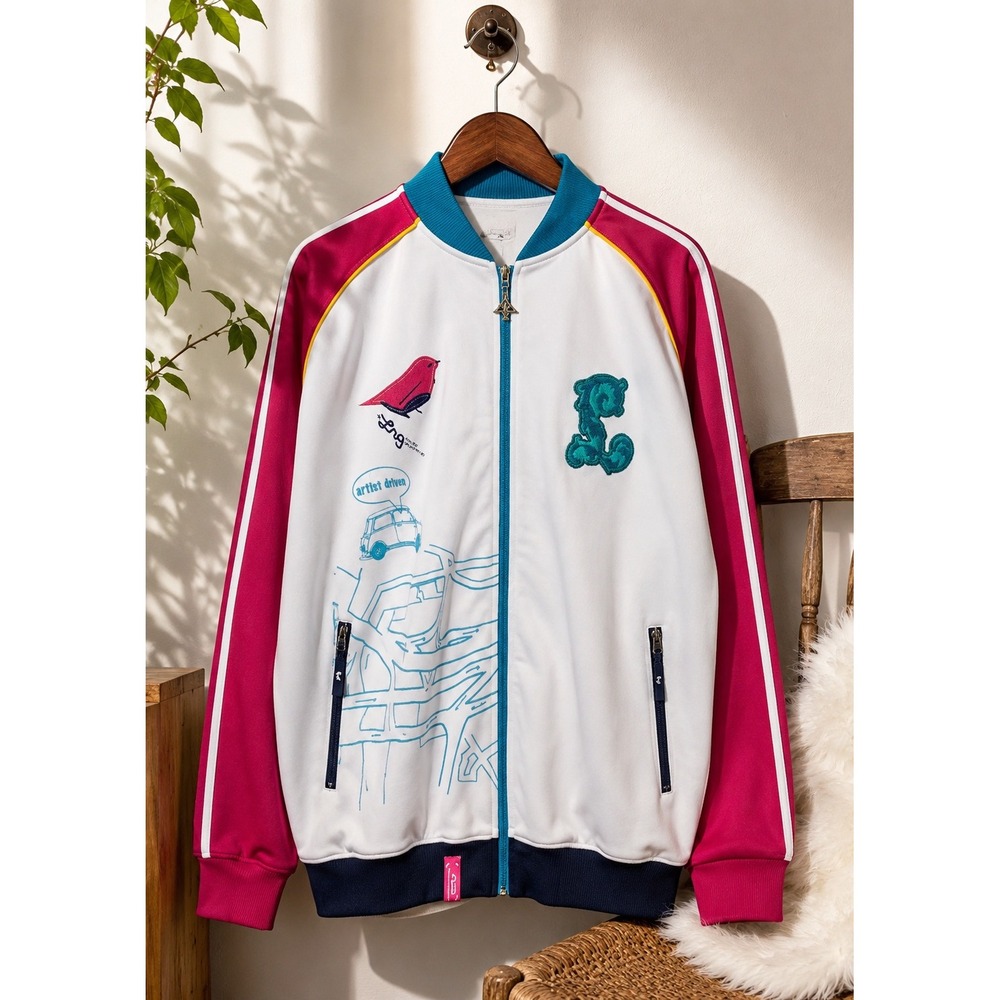 Y2K Graphic Track Jacket Colorblock Bird Art Zip Bomber Streetwear Large